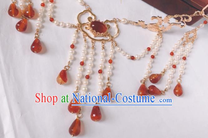 China Traditional Ancient Princess Pearls Tassel Necklace Handmade Ming Dynasty Agate Jewelry Accessories