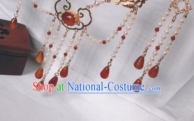 China Traditional Ancient Princess Pearls Tassel Necklace Handmade Ming Dynasty Agate Jewelry Accessories