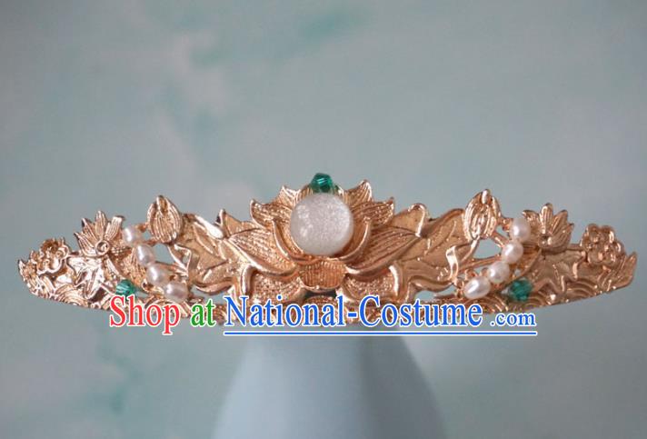 China Ming Dynasty Golden Lotus Hair Crown Traditional Hanfu Hair Accessories Ancient Noble Woman Hairpins