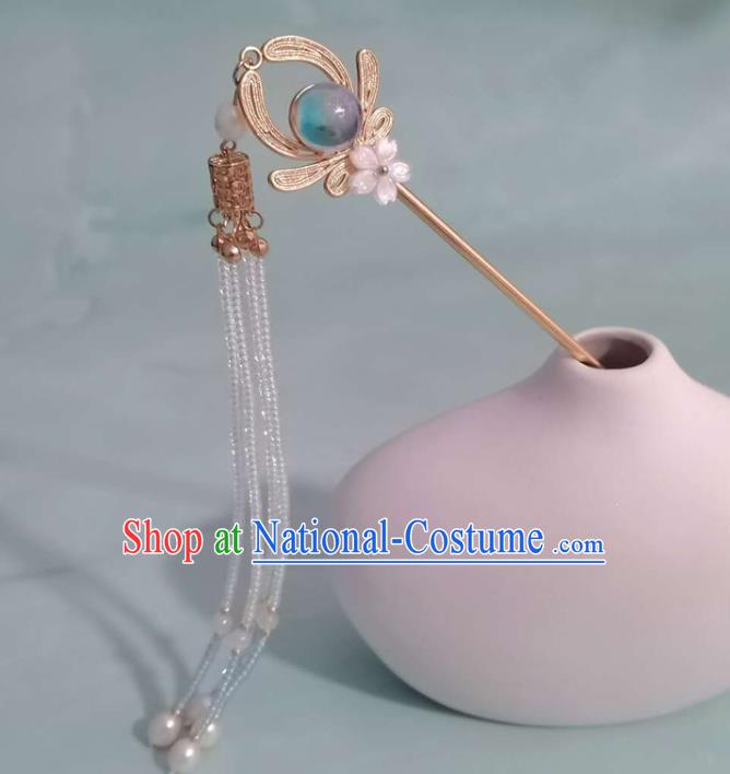 China Ming Dynasty Beads Tassel Hairpin Ancient Court Woman Brass Hair Crown Traditional Hanfu Hair Accessories