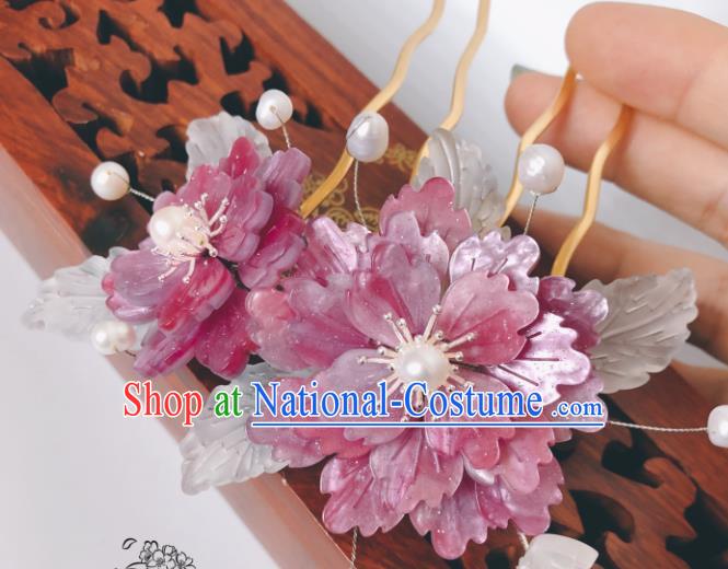 China Qing Dynasty Purple Peony Hair Comb Traditional Hanfu Hair Accessories Ancient Court Lady Shell Butterfly Hairpin