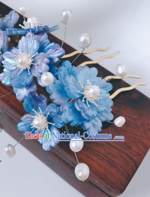 China Ancient Princess Shell Butterfly Hairpin Song Dynasty Blue Flowers Hair Comb Traditional Hanfu Court Hair Accessories