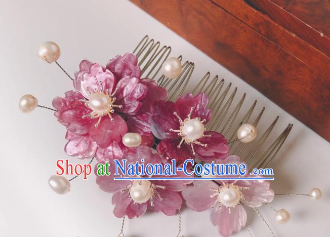 China Song Dynasty Hair Comb Traditional Hanfu Court Pearls Hair Accessories Ancient Princess Pink Flowers Hairpin