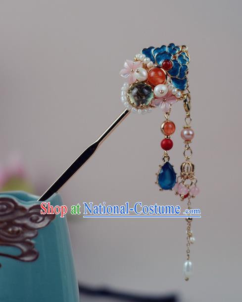 China Traditional Hair Accessories Ming Dynasty Blueing Hairpin Classical Cheongsam Tassel Hair Stick