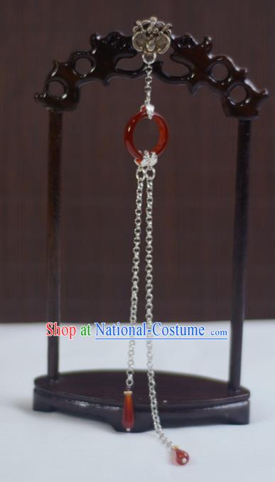 Chinese Traditional Agate Ring Accessories Cheongsam Brooch Jewelry Handmade Silver Carving Tassel Pendant