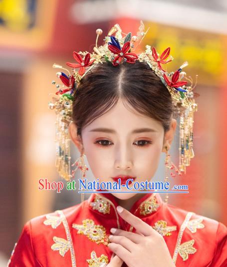 China Handmade Red Silk Flower Hairpins Tassel Hair Sticks Traditional Xiuhe Suit Bride Hair Accessories Wedding Headwear Complete Set