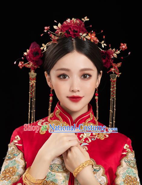 China Traditional Handmade Xiuhe Suit Hair Accessories Wedding Bride Hair Jewelry Red Silk Flower Hair Crown Hairpins Full Set