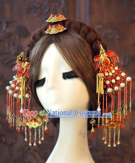 China Traditional Wedding Red Phoenix Hair Accessories Ancient Bride Tassel Hairpins and Earrings Hair Sticks Full Set