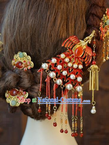 China Traditional Wedding Red Phoenix Hair Accessories Ancient Bride Tassel Hairpins and Earrings Hair Sticks Full Set