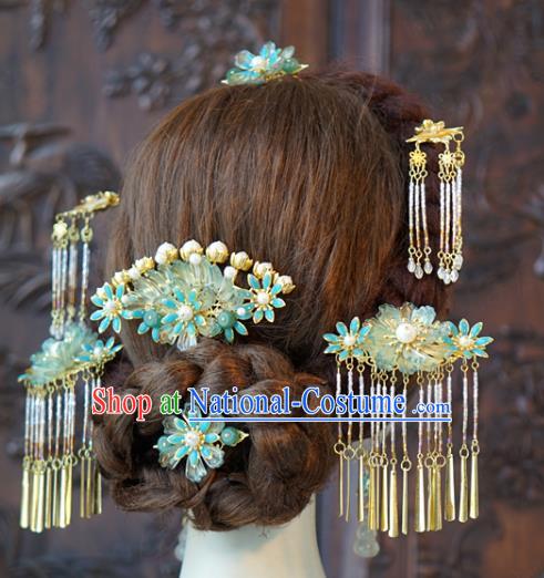 China Ancient Bride Blue Flower Hair Comb and Tassel Hairpins and Earrings Traditional Wedding Hair Accessories Complete Set