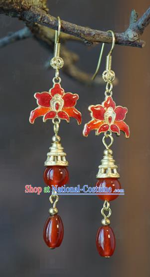 Top Grade Ancient Queen Red Beads Earrings China Hanfu Accessories Qing Dynasty Court Cloisonne Lotus Ear Jewelry