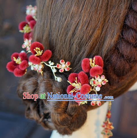 China Ancient Queen Red Velvet Plum Hairpins Traditional Qing Dynasty Bride Wedding Hair Accessories Hair Sticks Complete Set