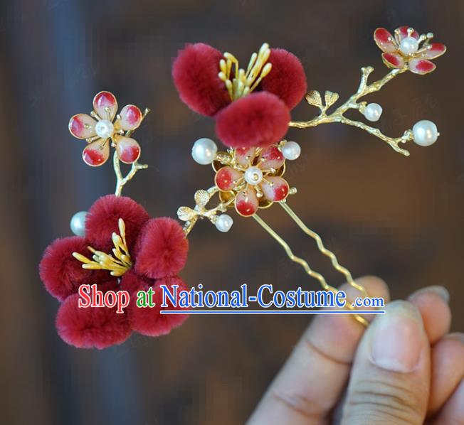 China Ancient Queen Red Velvet Plum Hairpins Traditional Qing Dynasty Bride Wedding Hair Accessories Hair Sticks Complete Set