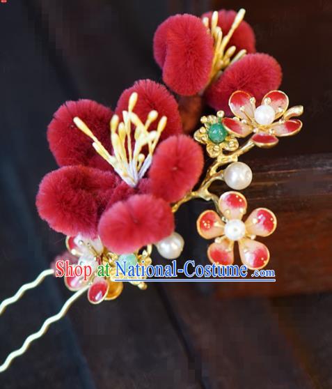 China Ancient Queen Red Velvet Plum Hairpins Traditional Qing Dynasty Bride Wedding Hair Accessories Hair Sticks Complete Set