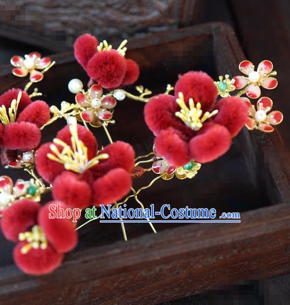 China Ancient Queen Red Velvet Plum Hairpins Traditional Qing Dynasty Bride Wedding Hair Accessories Hair Sticks Complete Set