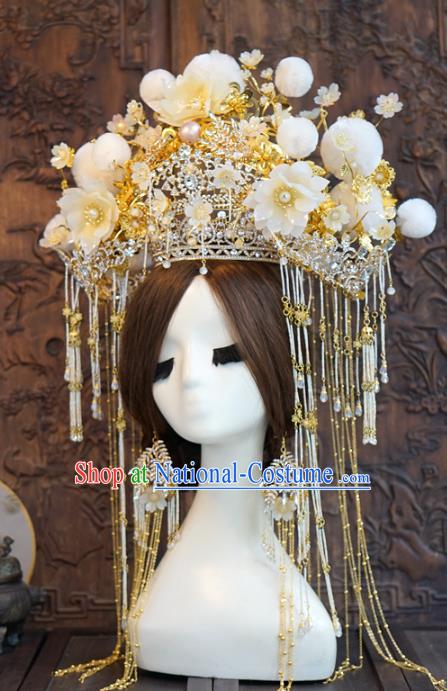 China Traditional Wedding White Silk Flowers Phoenix Coronet Hair Accessories Ancient Bride Deluxe Hair Crown and Earrings Complete Set