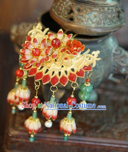 China Wedding Bride Flower Hairpin Ancient Traditional Xiuhe Suit Hair Accessories Red Convallaria Hair Stick