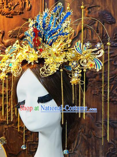 China Ancient Bride Blueing Phoenix Phoenix Coronet Hair Accessories Headwear Traditional Wedding Hair Crown and Golden Tassel Hairpins