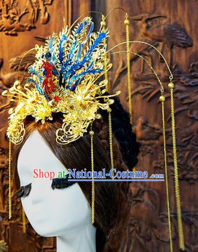 China Ancient Bride Blueing Phoenix Phoenix Coronet Hair Accessories Headwear Traditional Wedding Hair Crown and Golden Tassel Hairpins