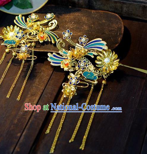 China Ancient Bride Blueing Phoenix Phoenix Coronet Hair Accessories Headwear Traditional Wedding Hair Crown and Golden Tassel Hairpins