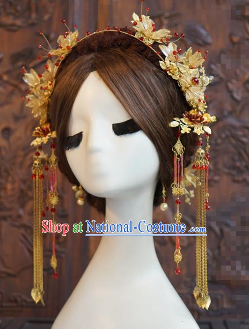 China Ancient Bride Golden Flower Hair Clasp and Tassel Hairpins Traditional Wedding Hanfu Hair Accessories Full Set