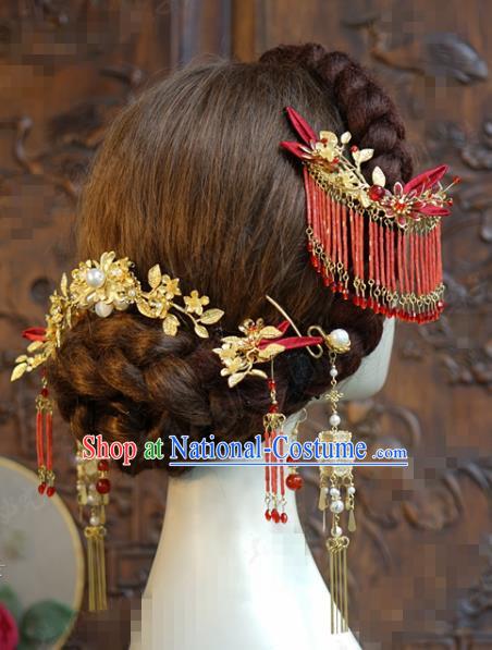 China Traditional Red Beads Tassel Hair Accessories Wedding Xiuhe Suit Headpieces Ancient Bride Hair Crown and Hairpins