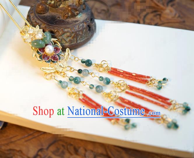 China Ancient Princess Tassel Hairpin Traditional Xiuhe Suit Hair Jewelry Accessories Court Jade Hair Clip