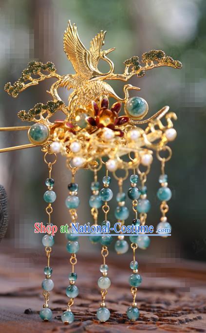 China Ancient Princess Golden Crane Pine Hair Clip Traditional Xiuhe Suit Hair Jewelry Accessories Court Green Beads Tassel Hairpin