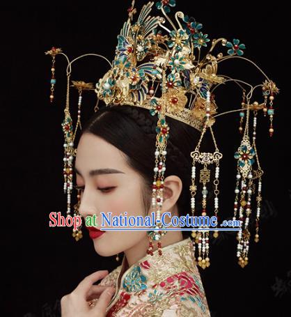 China Ancient Queen Blueing Phoenix Coronet Traditional Wedding Bride Hair Accessories Xiuhe Suit Headpieces Full Set