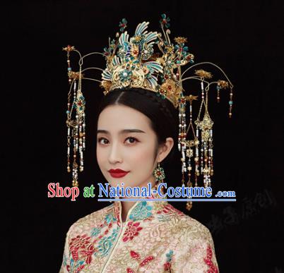 China Ancient Queen Blueing Phoenix Coronet Traditional Wedding Bride Hair Accessories Xiuhe Suit Headpieces Full Set