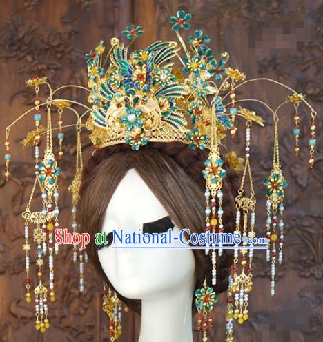 China Ancient Queen Blueing Phoenix Coronet Traditional Wedding Bride Hair Accessories Xiuhe Suit Headpieces Full Set