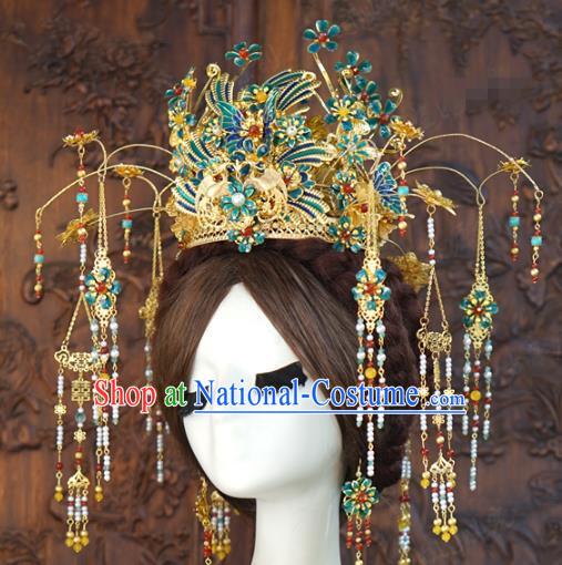 China Ancient Queen Blueing Phoenix Coronet Traditional Wedding Bride Hair Accessories Xiuhe Suit Headpieces Full Set