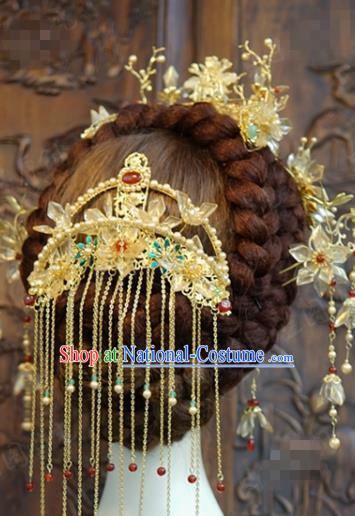 China Ancient Palace Pearls Hair Comb Traditional Xiuhe Suit Hair Jewelry Accessories Wedding Golden Tassel Hair Crown