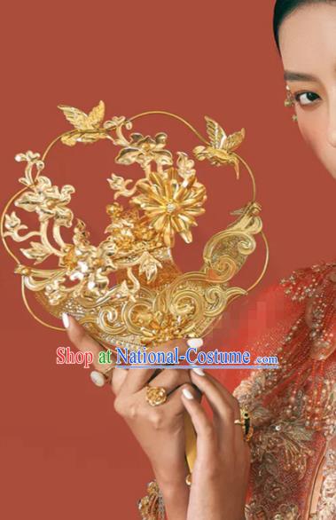 Chinese Handmade Court Golden Crane Palace Fan Ancient Wedding Prop Traditional Jewelry Accessories