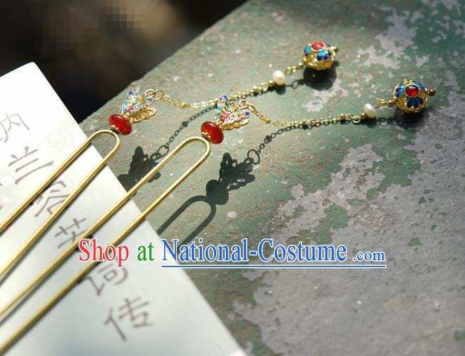 China Qing Dynasty Cloisonne Butterfly Hairpin Traditional Xiuhe Suit Hair Jewelry Accessories Ancient Palace Golden Hair Stick