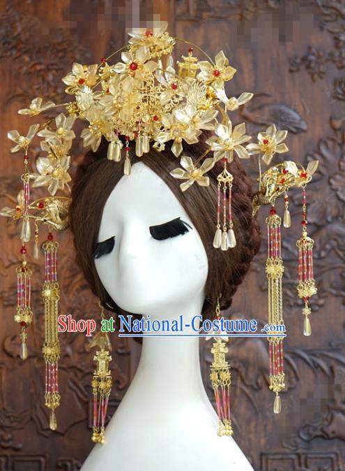 China Ancient Queen Golden Phoenix Coronet and Tassel Hairpins Traditional Wedding Bride Hair Accessories Xiuhe Suit Headdress