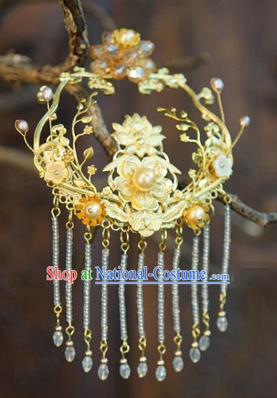 China Wedding Back Golden Plum Hair Clip Traditional Xiuhe Suit Hair Accessories Ancient Bride Beads Tassel Hairpin