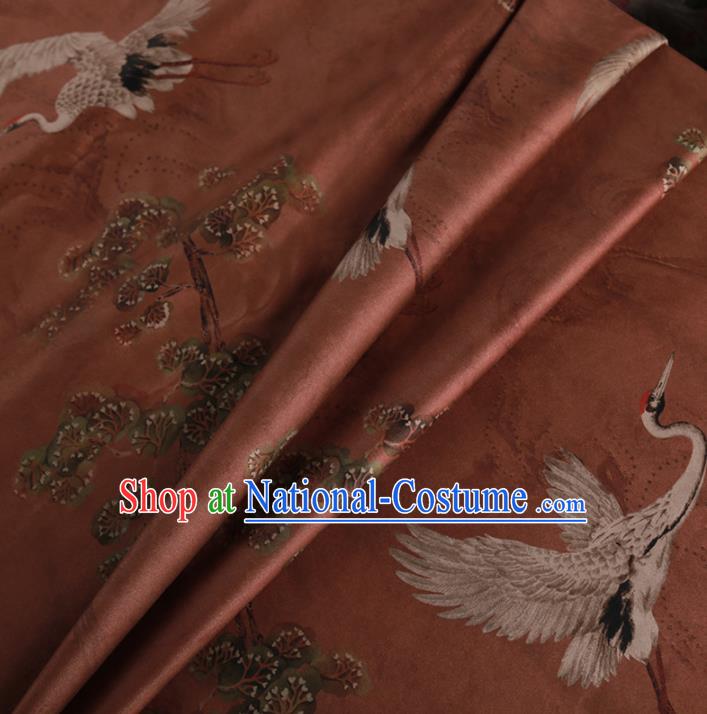 Chinese Classical Crane Pine Pattern Design Rust Red Mulberry Silk Fabric Asian Traditional Cheongsam Silk Material