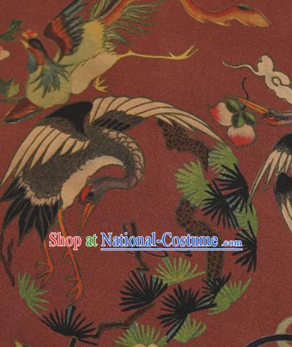 Chinese Classical Crane Peony Pattern Design Purplish Red Mulberry Silk Fabric Asian Traditional Cheongsam Silk Material