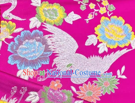 Japanese Kimono Classical Crane Plum Pattern Design Rosy Brocade Fabric Asian Traditional Satin Silk Material