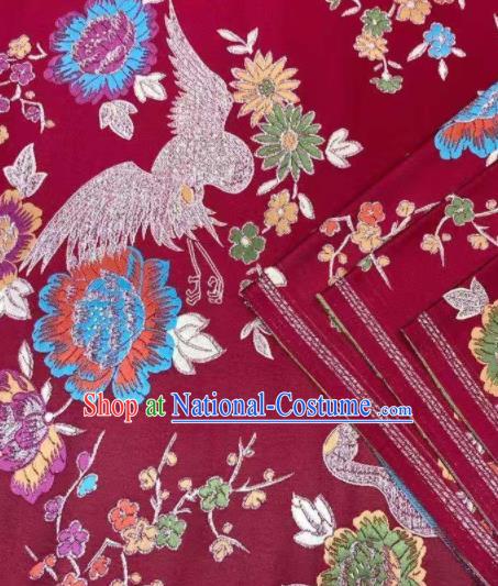 Japanese Kimono Classical Crane Plum Pattern Design Purplish Red Brocade Fabric Asian Traditional Satin Silk Material