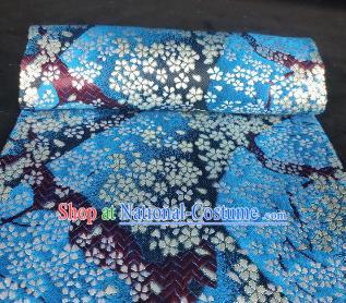 Japanese Classical Sakura Pattern Design Blue Brocade Fabric Asian Traditional Satin Kimono Silk Material