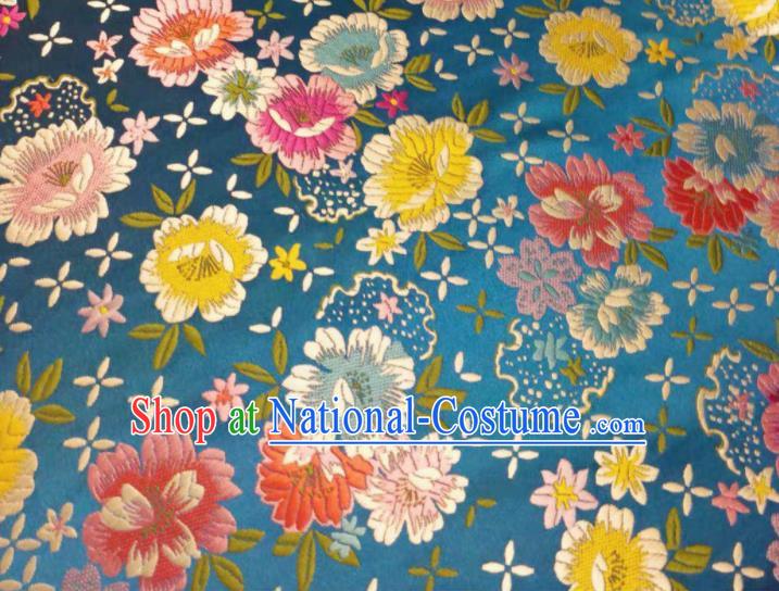 Chinese Classical Beautiful Flowers Pattern Design Lake Blue Brocade Fabric Asian Traditional Satin Silk Material