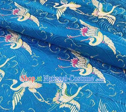 Chinese Classical Royal Cranes Pattern Design Blue Brocade Fabric Asian Traditional Satin Silk Material