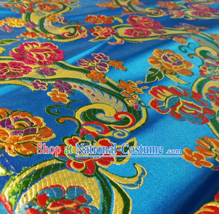 Chinese Royal Loquat Flower Pattern Design Blue Nanjing Brocade Fabric Asian Traditional Satin Silk Material