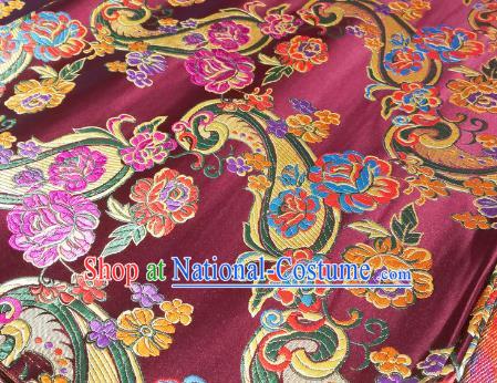 Chinese Royal Loquat Flower Pattern Design Wine Red Nanjing Brocade Fabric Asian Traditional Satin Silk Material