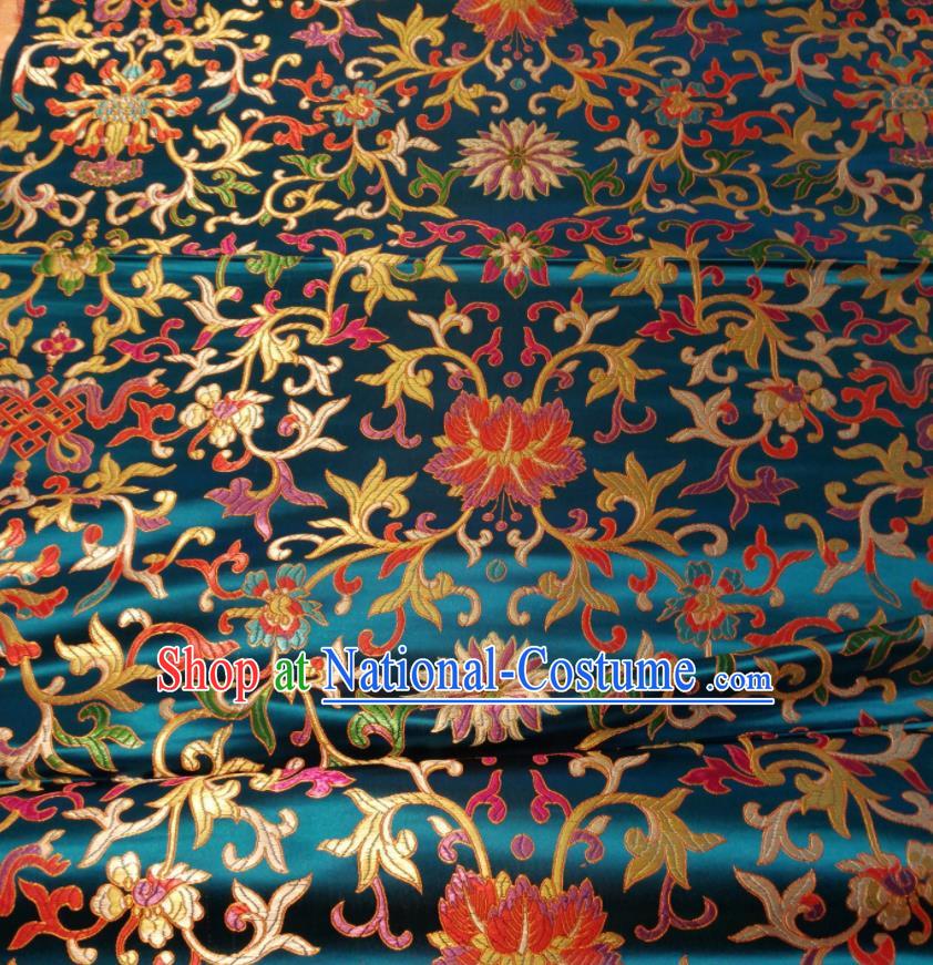 Chinese Royal Twine Floral Pattern Design Lake Blue Brocade Fabric Asian Traditional Satin Silk Material