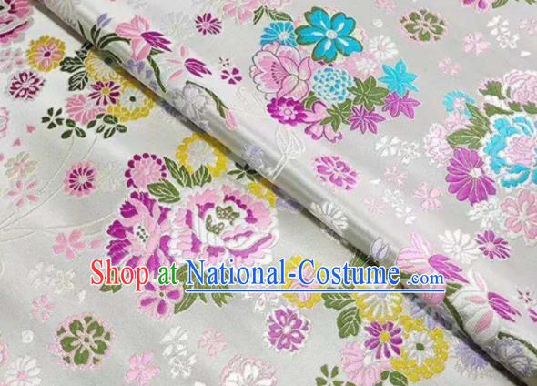 Chinese Royal Daisy Peony Pattern Design White Brocade Fabric Asian Traditional Satin Silk Material