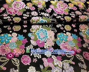 Chinese Royal Daisy Peony Pattern Design Black Brocade Fabric Asian Traditional Satin Silk Material