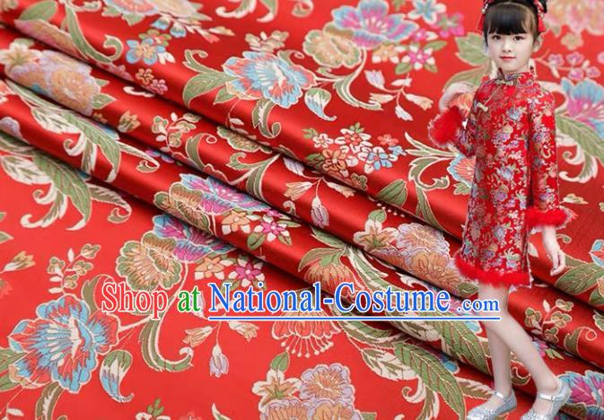 Chinese Classical Flourish Flowers Pattern Design Red Brocade Fabric Asian Traditional Satin Silk Material